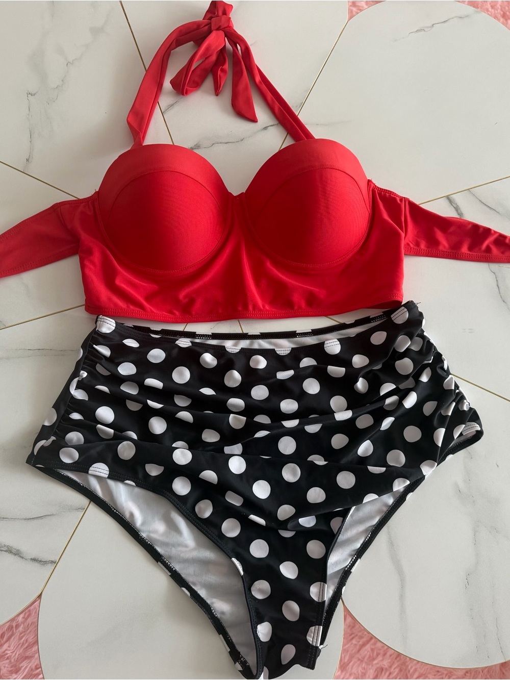 Red Halter vintage Bikini with Black & White Polka Dot High-Waist Bottoms